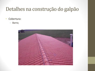 Detalhes na construção do galpão
• Cobertura:
– Barro;
 