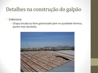 Detalhes na construção do galpão
• Cobertura:
– Chapa zincada ou ferro galvanizado (pior na qualidade térmica,
porém mais durável);;
 