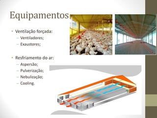 Equipamentos
• Ventilação forçada:
– Ventiladores;
– Exaustores;
• Resfriamento do ar:
– Aspersão;
– Pulverização;
– Nebulização;
– Cooling.
 