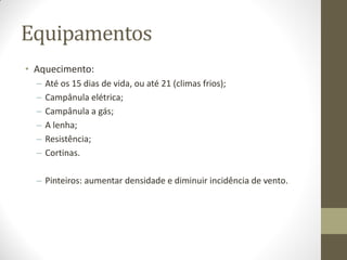 Equipamentos
• Aquecimento:
– Até os 15 dias de vida, ou até 21 (climas frios);
– Campânula elétrica;
– Campânula a gás;
– A lenha;
– Resistência;
– Cortinas.
– Pinteiros: aumentar densidade e diminuir incidência de vento.
 