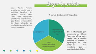 Lazer OperárioJosé Acácio Ferreira
acredita que existirá para o
indivíduo benefício de
natureza pessoal, bem
como uma importante
contribuição à coletividade,
pela forma compensatória
do lazer, aliviando as
tensões sociais próprias dos
tempos modernos.
Ele é influenciado pelo
pensamento de Gilberto
Freyre que afirma que à
medida que a máquina
substituía o homem, a
organização do lazer
tornava-se mais
importante que a
organização do trabalho.
 