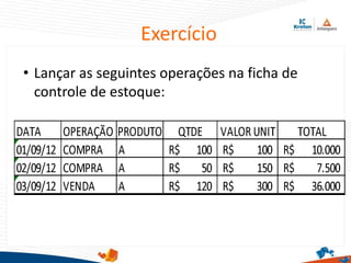 Exercício
• Lançar as seguintes operações na ficha de
controle de estoque:
 