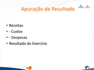 Apuração de Resultado
• Receitas
• - Custos
• - Despesas
• Resultado do Exercício
 