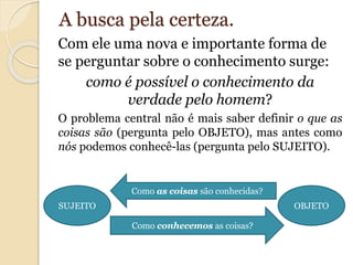 A busca pela certeza. 
Com ele uma nova e importante forma de 
se perguntar sobre o conhecimento surge: 
como é possível o conhecimento da 
verdade pelo homem? 
O problema central não é mais saber definir o que as 
coisas são (pergunta pelo OBJETO), mas antes como 
nós podemos conhecê-las (pergunta pelo SUJEITO). 
Como as coisas são conhecidas? 
SUJEITO OBJETO 
Como conhecemos as coisas? 
 