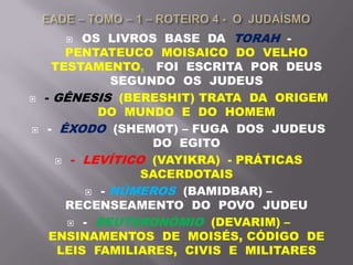  OS LIVROS BASE DA TORAH -
PENTATEUCO MOISAICO DO VELHO
TESTAMENTO, FOI ESCRITA POR DEUS
SEGUNDO OS JUDEUS
 - GÊNESIS (BERESHIT) TRATA DA ORIGEM
DO MUNDO E DO HOMEM
 - ÊXODO (SHEMOT) – FUGA DOS JUDEUS
DO EGITO
 - LEVÍTICO (VAYIKRA) - PRÁTICAS
SACERDOTAIS
 - NÚMEROS (BAMIDBAR) –
RECENSEAMENTO DO POVO JUDEU
 - DEUTERONÔMIO (DEVARIM) –
ENSINAMENTOS DE MOISÉS, CÓDIGO DE
LEIS FAMILIARES, CIVIS E MILITARES
 