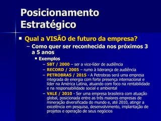 Posicionamento Estratégico Qual a VISÃO de futuro da empresa? Como quer ser reconhecida nos próximos 3 a 5 anos Exemplos SBT / 2000  – ser a vice-líder de audiência RECORD / 2005  – rumo à liderança de audiência PETROBRAS / 2015  - A Petrobras será uma empresa integrada de energia com forte presença internacional e líder na América Latina, atuando com foco na rentabilidade e na responsabilidade social e ambiental VALE / 2010  - Ser uma empresa brasileira com atuação global, posicionada entre as três maiores empresas de mineração diversificada do mundo e, até 2010, atingir a excelência em pesquisa, desenvolvimento, implantação de projetos e operação de seus negócios 