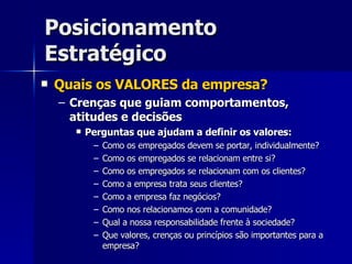 Posicionamento Estratégico Quais os VALORES da empresa? Crenças que guiam comportamentos, atitudes e decisões Perguntas que ajudam a definir os valores: Como os empregados devem se portar, individualmente? Como os empregados se relacionam entre si? Como os empregados se relacionam com os clientes? Como a empresa trata seus clientes? Como a empresa faz negócios? Como nos relacionamos com a comunidade? Qual a nossa responsabilidade frente à sociedade? Que valores, crenças ou princípios são importantes para a empresa? 