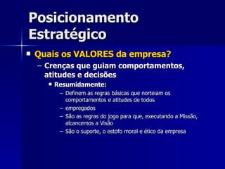 Posicionamento Estratégico Quais os VALORES da empresa? Crenças que guiam comportamentos, atitudes e decisões Resumidamente: Definem as regras básicas que norteiam os comportamentos e atitudes de todos empregados São as regras do jogo para que, executando a Missão, alcancemos a Visão São o suporte, o estofo moral e ético da empresa 