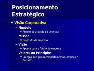 Posicionamento Estratégico Visão Corporativa Negócio Âmbito de atuação da empresa Missão Propósito da empresa Visão Aponta para o futuro da empresa Valores ou Princípios Crenças que guiam comportamentos, atitudes e decisões 