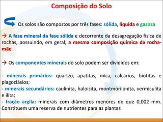 Composição do Solo
Os solos são compostos por três fases: sólida, líquida e gasosa
 A fase mineral da fase sólida e decorrente da desagregação física de
rochas, possuindo, em geral, a mesma composição química da rocha-
mãe
 Os componentes minerais do solo podem ser divididos em:
- minerais primários: quartzo, apatitas, mica, calcários, biotitas e
plagoclásios;
- minerais secundários: caulinita, haloisita, montmorilonita, vermiculita
e ilita;
- fração argila: minerais com diâmetros menores do que 0,002 mm.
Constituem uma reserva de nutrientes para as plantas
 