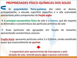 PROPRIEDADES FÍSICO-QUÍMICAS DOS SOLOS
As propriedades físico-químicas dos solos se devem,
principalmente, a elevada superfície específica e a alta reatividade
apresentada pelos componentes da fração argila
 A principal característica física do solo é a textura, que diz respeito
as dimensões e características das partículas primárias do solo
 Essas partículas são agrupadas em função do tamanho,
apresentando características comuns:
Fração Areia: apresenta partículas entre 2 e 0,05mm, sendo constituída
quase que essencialmente de quartzo
E responsável pelo aparecimento de macroporos e pela
aeração do solo, retendo pouca água e poucos nutrientes
 
