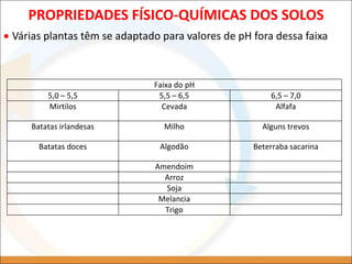  Várias plantas têm se adaptado para valores de pH fora dessa faixa
PROPRIEDADES FÍSICO-QUÍMICAS DOS SOLOS
Faixa do pH
5,0 – 5,5 5,5 – 6,5 6,5 – 7,0
Mirtilos Cevada Alfafa
Batatas irlandesas Milho Alguns trevos
Batatas doces Algodão Beterraba sacarina
Amendoim
Arroz
Soja
Melancia
Trigo
 