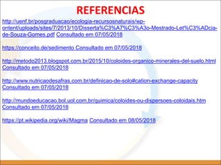 http://uenf.br/posgraduacao/ecologia-recursosnaturais/wp-
ontent/uploads/sites/7/2013/10/Disserta%C3%A7%C3%A3o-Mestrado-Let%C3%ADcia-
de-Souza-Gomes.pdf Consultado em 07/05/2018
https://conceito.de/sedimento Consultado em 07/05/2018
http://metodo2013.blogspot.com.br/2015/10/coloides-organico-minerales-del-suelo.html
Consultado em 07/05/2018
http://www.nutricaodesafras.com.br/definicao-de-solo#cation-exchange-capacity
Consultado em 07/05/2018
http://mundoeducacao.bol.uol.com.br/quimica/coloides-ou-dispersoes-coloidais.htm
Consultado em 07/05/2018
https://pt.wikipedia.org/wiki/Magma Consultado em 08/05/2018
REFERENCIAS
 