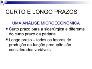 CURTO E LONGO PRAZOS
UMA ANÁLISE MICROECONÔMICA
 Curto prazo para a siderúrgica e diferente
do curto prazo da padaria.
 Longo prazo – todos os fatores de
produção da função produção são
considerados variáveis.
 
