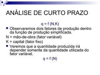 ANÁLISE DE CURTO PRAZO
q = f (N,K)
 Observaremos dois fatores de produção dentro
da função de produção simplificada.
N = mão-de-obra (fator variável)
K = capital (fator fixo)
 Veremos que a quantidade produzida irá
depender somente da quantidade utilizada do
fator variável.
q = f (N)
 