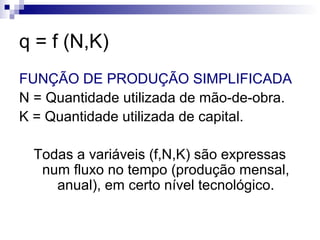 q = f (N,K)
FUNÇÃO DE PRODUÇÃO SIMPLIFICADA
N = Quantidade utilizada de mão-de-obra.
K = Quantidade utilizada de capital.
Todas a variáveis (f,N,K) são expressas
num fluxo no tempo (produção mensal,
anual), em certo nível tecnológico.
 