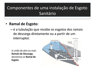 Componentes de uma instalação de Esgoto
Sanitário
• Ramal de Esgoto:
– é a tubulação que recebe os esgotos dos ramais
de descarga diretamente ou a partir de um
interruptor.
A união de dois ou mais
Ramais de Descarga,
denomina-se Ramal de
Esgoto
 