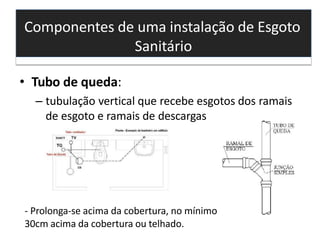 Componentes de uma instalação de Esgoto
Sanitário
• Tubo de queda:
– tubulação vertical que recebe esgotos dos ramais
de esgoto e ramais de descargas
- Prolonga-se acima da cobertura, no mínimo
30cm acima da cobertura ou telhado.
 