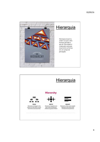 02/09/16
8
Hierarquia
Hierarquia visual é a
ordem na qual o olho
humano percebe o
que vê. Esta ordem é
criada pelo contraste
visual entre as formas
em um campo de
percepção:
Hierarquia
 