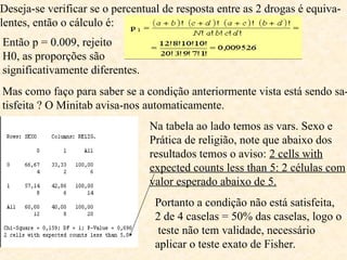 Deseja-se verificar se o percentual de resposta entre as 2 drogas é equiva-
lentes, então o cálculo é:
Então p = 0.009, rejeito
H0, as proporções são
significativamente diferentes.
Mas como faço para saber se a condição anteriormente vista está sendo sa-
tisfeita ? O Minitab avisa-nos automaticamente.
Na tabela ao lado temos as vars. Sexo e
Prática de religião, note que abaixo dos
resultados temos o aviso: 2 cells with
expected counts less than 5: 2 células com
valor esperado abaixo de 5.
Portanto a condição não está satisfeita,
2 de 4 caselas = 50% das caselas, logo o
teste não tem validade, necessário
aplicar o teste exato de Fisher.
 