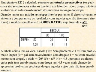 Entretanto o RR é calculado somente em estudos prospectivos (os paci-
entes são selecionados entre os que têm um fator de risco e os que não têm
e observa-se o desenvolvimento dos mesmos ao longo do tempo.
Quando temos um estudo retrospectivo (os pacientes já desenvolveram o
sintoma e comparam-se os resultados com aqueles que não tiveram o sin-
toma) a medida semelhante é o ODDS RATIO, cuja fórmula é a*d
b*c
A tabela acima tem as vars. Escola ( 0 = Sem problema e 1 = Com proble-
ma) e Depen (0 = pai sem envolvimento com droga e 1 = pai com envolvi-
mento com droga), o odds = (20*15) ÷ (5*14) = 4,3 , portanto os alunos
cujos pais tem envolvimento com droga tem 4,3 vezes mais chance de
apresentar problemas escolares do que aqueles cujos pais não tem envol-
vimento.
 