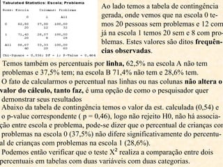 Ao lado temos a tabela de contingência
gerada, onde vemos que na escola 0 te-
mos 20 pessoas sem problemas e 12 com
já na escola 1 temos 20 sem e 8 com pro-
blemas. Estes valores são ditos frequên-
cias observadas.
Temos também os percentuais por linha, 62,5% na escola A não tem
problemas e 37,5% tem; na escola B 71,4% não tem e 28,6% tem.
O fato de calcularmos o percentual nas linhas ou nas colunas não altera o
valor do cálculo, tanto faz, é uma opção de como o pesquisador quer
demonstrar seus resultados
Abaixo da tabela de contingência temos o valor da est. calculada (0,54) e
o p-value correspondente ( p = 0,46), logo não rejeito H0, não há associa-
ção entre escola e problema, pode-se dizer que o percentual de crianças com
problemas na escola 0 (37,5%) não difere significativamente do percentu-
al de crianças com problemas na escola 1 (28,6%).
Podemos então verificar que o teste Х² realiza a comparação entre dois
percentuais em tabelas com duas variáveis com duas categorias.
 