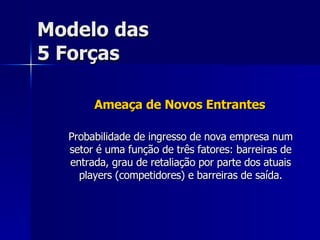 Modelo das 5 Forças Ameaça de Novos Entrantes Probabilidade de ingresso de nova empresa num setor é uma função de três fatores: barreiras de entrada, grau de retaliação por parte dos atuais players (competidores) e barreiras de saída. 