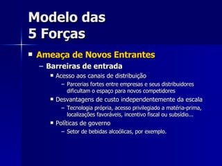 Modelo das 5 Forças Ameaça de Novos Entrantes Barreiras de entrada Acesso aos canais de distribuição Parcerias fortes entre empresas e seus distribuidores dificultam o espaço para novos competidores Desvantagens de custo independentemente da escala Tecnologia própria, acesso privilegiado a matéria-prima, localizações favoráveis, incentivo fiscal ou subsídio... Políticas de governo Setor de bebidas alcoólicas, por exemplo. 