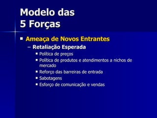 Modelo das 5 Forças Ameaça de Novos Entrantes Retaliação Esperada Política de preços Política de produtos e atendimentos a nichos de mercado Reforço das barreiras de entrada Sabotagens Esforço de comunicação e vendas 