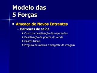 Modelo das 5 Forças Ameaça de Novos Entrantes Barreiras de saída Custo da desativação das operações Desativação de pontos de venda Gastos fiscais Prejuízo de marcas e desgaste de imagem 