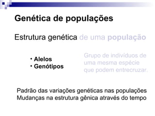 Genética de populações Estrutura genética  de uma  população Grupo de indivíduos de uma mesma espécie que podem entrecruzar. Alelos Genótipos Padrão das variações genéticas nas populações Mudanças na estrutura gênica através do tempo 