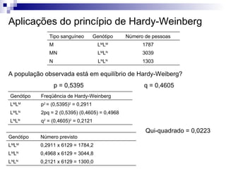 Aplicações do princípio de Hardy-Weinberg A população observada está em equilíbrio de Hardy-Weiberg? p = 0,5395 q = 0,4605 Qui-quadrado = 0,0223 1303 L N L N N 3039 L M L N MN 1787 L M L M M Número de pessoas Genótipo Tipo sanguíneo q 2  = (0,4605) 2  = 0,2121 L N L N 2pq = 2 (0,5395) (0,4605) = 0,4968 L M L N p 2  = (0,5395) 2  = 0,2911 L M L M Freqüência de Hardy-Weinberg Genótipo 0,2121 x 6129 = 1300,0 L N L N 0,4968 x 6129 = 3044,8 L M L N 0,2911 x 6129 = 1784,2 L M L M Número previsto Genótipo 