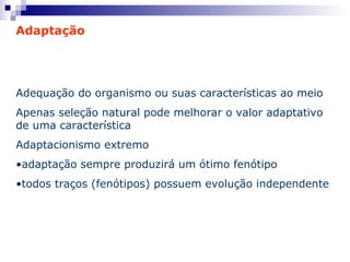 Adaptação Adequação do organismo ou suas características ao meio  Apenas seleção natural pode melhorar o valor adaptativo de uma característica Adaptacionismo extremo • adaptação sempre produzirá um ótimo fenótipo • todos traços (fenótipos) possuem evolução independente 