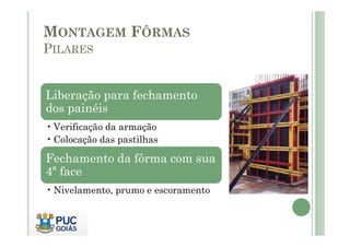 MONTAGEM FÔRMAS
PILARES
Liberação para fechamento
dos painéis
• Verificação da armação
• Verificação da armação
• Colocação das pastilhas
Fechamento da fôrma com sua
4ª face
• Nivelamento, prumo e escoramento
 