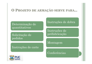 O PROJETO DE ARMAÇÃO SERVE PARA...
Determinação de
quantitativos
Instruções de dobra
Instruções de
Solicitação de
pedidos
Instruções de corte
Instruções de
préfabricação
Montagem
Conferências
 