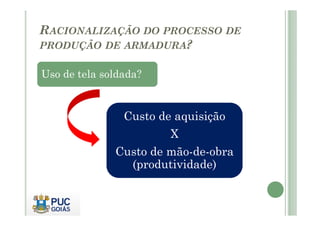 RACIONALIZAÇÃO DO PROCESSO DE
PRODUÇÃO DE ARMADURA?
Uso de tela soldada?
Custo de aquisição
Custo de aquisição
X
Custo de mão-de-obra
(produtividade)
 