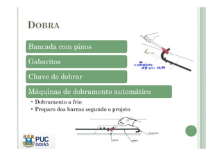 DOBRA
Bancada com pinos
Gabaritos
Chave de dobrar
Chave de dobrar
Máquinas de dobramento automático
• Dobramento a frio
• Preparo das barras segundo o projeto
 