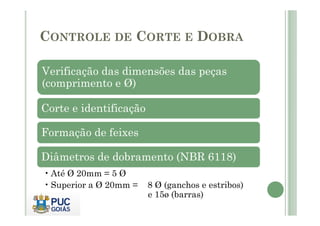 CONTROLE DE CORTE E DOBRA
Verificação das dimensões das peças
(comprimento e Ø)
Corte e identificação
Corte e identificação
Formação de feixes
Diâmetros de dobramento (NBR 6118)
• Até Ø 20mm = 5 Ø
• Superior a Ø 20mm = 8 Ø (ganchos e estribos)
e 15ø (barras)
 