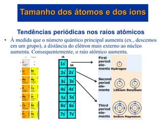 Tendências periódicas nos raios atômicos
• À medida que o número quântico principal aumenta (ex., descemos
em um grupo), a distância do elétron mais externo ao núcleo
aumenta. Consequentemente, o raio atômico aumenta.
Tamanho dos átomos e dos íons
 