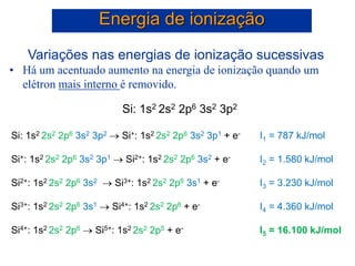 Variações nas energias de ionização sucessivas
• Há um acentuado aumento na energia de ionização quando um
elétron mais interno é removido.
Energia de ionização
Si: 1s2 2s2 2p6 3s2 3p2
Si: 1s2 2s2 2p6 3s2 3p2  Si+: 1s2 2s2 2p6 3s2 3p1 + e- I1 = 787 kJ/mol
Si+: 1s2 2s2 2p6 3s2 3p1  Si2+: 1s2 2s2 2p6 3s2 + e- I2 = 1.580 kJ/mol
Si2+: 1s2 2s2 2p6 3s2  Si3+: 1s2 2s2 2p6 3s1 + e- I3 = 3.230 kJ/mol
Si3+: 1s2 2s2 2p6 3s1  Si4+: 1s2 2s2 2p6 + e- I4 = 4.360 kJ/mol
Si4+: 1s2 2s2 2p6  Si5+: 1s2 2s2 2p5 + e- I5 = 16.100 kJ/mol
 