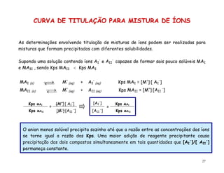 27
CURVA DE TITULAÇÃO PARA MISTURA DE ÍONS
As determinações envolvendo titulação de misturas de íons podem ser realizadas para
misturas que formam precipitados com diferentes solubilidades.
Supondo uma solução contendo íons AI
-
e AII
-
capazes de formar sais pouco solúveis MAI
e MAII , sendo Kps MAII  Kps MAI
MAI (s) M+
(aq) + AI
-
(aq) Kps MAI = [M+
]·[ AI
-
]
MAII (s) M+
(aq) + AII (aq) Kps MAII = [M+
]·[AII
-
]
O anion menos solúvel precipita sozinho até que a razão entre as concentrações dos íons
se torne igual a razão dos Kps. Uma maior adição de reagente precipitante causa
precipitação dos dois compostos simultaneamente em tais quantidades que [AI
-
]/[ AII
-
]
permaneça constante.
Kps MAI
Kps MAII
[M+
]·[ AI
-
]
[M+
]·[AII
-
]
=
Kps MAI
Kps MAII
[AI
-
]
[AII
-
]
=
 
