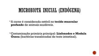 A carne é considerada estéril no tecido muscular
profundo de animais saudáveis.
Contaminação primária principal: Linfonodos e Medula
Óssea (bactérias translocadas do trato intestinal).
 