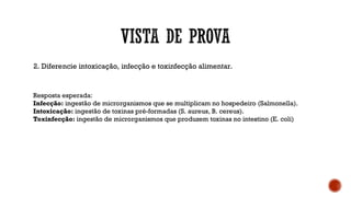 2. Diferencie intoxicação, infecção e toxinfecção alimentar.
Resposta esperada:
Infecção: ingestão de microrganismos que se multiplicam no hospedeiro (Salmonella).
Intoxicação: ingestão de toxinas pré-formadas (S. aureus, B. cereus).
Toxinfecção: ingestão de microrganismos que produzem toxinas no intestino (E. coli)
 