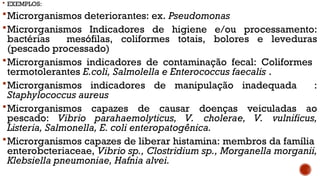  EXEMPLOS:
Microrganismos deteriorantes: ex. Pseudomonas
Microrganismos Indicadores de higiene e/ou processamento:
bactérias mesófilas, coliformes totais, bolores e leveduras
(pescado processado)
Microrganismos indicadores de contaminação fecal: Coliformes
termotolerantes E.coli, Salmolella e Enterococcus faecalis .
Microrganismos indicadores de manipulação inadequada :
Staphylococcus aureus
Microrganismos capazes de causar doenças veiculadas ao
pescado: Vibrio parahaemolyticus, V. cholerae, V. vulnificus,
Listeria, Salmonella, E. coli enteropatogênica.
Microrganismos capazes de liberar histamina: membros da família
enterobcteriaceae, Vibrio sp., Clostridium sp., Morganella morganii,
Klebsiella pneumoniae, Hafnia alvei.
 
