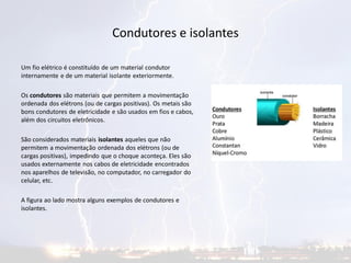 Condutores e isolantes
Um fio elétrico é constituído de um material condutor
internamente e de um material isolante exteriormente.
Os condutores são materiais que permitem a movimentação
ordenada dos elétrons (ou de cargas positivas). Os metais são
bons condutores de eletricidade e são usados em fios e cabos,
além dos circuitos eletrônicos.
São considerados materiais isolantes aqueles que não
permitem a movimentação ordenada dos elétrons (ou de
cargas positivas), impedindo que o choque aconteça. Eles são
usados externamente nos cabos de eletricidade encontrados
nos aparelhos de televisão, no computador, no carregador do
celular, etc.
A figura ao lado mostra alguns exemplos de condutores e
isolantes.
 