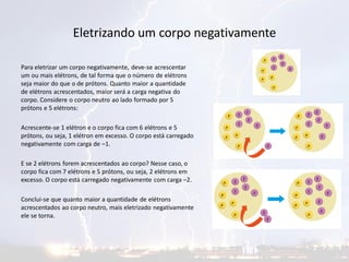 Eletrizando um corpo negativamente
Para eletrizar um corpo negativamente, deve-se acrescentar
um ou mais elétrons, de tal forma que o número de elétrons
seja maior do que o de prótons. Quanto maior a quantidade
de elétrons acrescentados, maior será a carga negativa do
corpo. Considere o corpo neutro ao lado formado por 5
prótons e 5 elétrons:
Acrescente-se 1 elétron e o corpo fica com 6 elétrons e 5
prótons, ou seja, 1 elétron em excesso. O corpo está carregado
negativamente com carga de –1.
E se 2 elétrons forem acrescentados ao corpo? Nesse caso, o
corpo fica com 7 elétrons e 5 prótons, ou seja, 2 elétrons em
excesso. O corpo está carregado negativamente com carga –2.
Conclui-se que quanto maior a quantidade de elétrons
acrescentados ao corpo neutro, mais eletrizado negativamente
ele se torna.
 