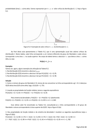 Página 4 de 13
probabilidade (área) α acima dela. Vamos representar por tν;α o valor crítico da distribuição t(ν). Veja a Figura
9.2.
Figura 9.2: Ilustração do valor crítico tν;α da distribuição t(ν).
Ao final desta aula apresentamos a Tabela 9.2, que é uma apresentação usual dos valores críticos da
distribuição t. Nesta tabela, cada linha corresponde a um número diferente de graus de liberdade e cada coluna
corresponde a uma área α na cauda superior. No corpo da tabela temos a abscissa t α que deixa a área α acima
dela, ou seja:
Pr(t(n) > t α) = α
Exemplos
Vamos ver, agora, alguns exemplos de utilização da Tabela 9.2.
1. Na distribuição t(15) encontre a abscissa t15;0,05.
2. Na distribuição t(23) encontre a abscissa t tal que Pr(|t(23)| > t) = 0, 05.
3. Na distribuição t(12) encontre a abscissa t tal que Pr(|t(12)| ≤ t) = 0, 90.
Solução
1. Como o número de graus de liberdade é 15, temos de nos concentrar na linha correspondente a gl = 15. A abscissa
t0,05 deixa área 0,05 acima dela; logo, t15;0,05 = 1, 753.
2. Usando as propriedades da função módulo, temos a seguinte equivalência:
Pr(|t(23)| > t) = 0, 05 ⇐⇒ Pr(t(23) < −t) + Pr(t(23) > t) = 0, 05
Pela simetria da densidade t, Pr(t(23) < −t) = Pr(t(23) > t). Substituindo:
Pr(t(23) > t) + Pr(t(23) > t) = 0, 05 ⇐⇒ Pr(t(23) > t) = 0, 025 ⇐⇒ t = 2, 069
Esse último valor foi encontrado na Tabela 9.2, consultando-se a linha correspondente a 23 graus de
liberdade e coluna correspondente à área superior de 0,025. Veja a Figura 9.3(a).
3. Das propriedades da função módulo e da simetria da densidade t resultam as seguintes equivalências (veja a
Figura 9.3(b)):
Pr(|t(12)| ≤ t) = 0, 90 ⇐⇒ Pr(−t ≤ t(12) ≤ t) = 0, 90 ⇐⇒ Pr(−t ≤ t(12) < 0) + Pr(0 ≤ t(12) ≤ t) = 0, 90 ⇐⇒
2 × Pr(0 ≤ t(12) ≤ t) = 0, 90 ⇐⇒ Pr(0 ≤ t(12) ≤ t) = 0, 45 ⇐⇒ Pr(t(12) > t) = 0, 05 ⇐⇒ t = 1, 782
 
