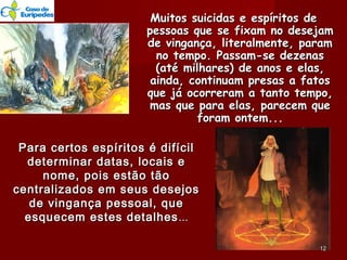 Muitos suicidas e espíritos deMuitos suicidas e espíritos de
pessoas que se fixam no desejampessoas que se fixam no desejam
de vingança, literalmente, paramde vingança, literalmente, param
no tempo. Passam-se dezenasno tempo. Passam-se dezenas
(até milhares) de anos e elas,(até milhares) de anos e elas,
ainda, continuam presas a fatosainda, continuam presas a fatos
que já ocorreram a tanto tempo,que já ocorreram a tanto tempo,
mas que para elas, parecem quemas que para elas, parecem que
foram ontem...foram ontem...
Para certos espíritos é difícilPara certos espíritos é difícil
determinar datas, locais edeterminar datas, locais e
nome, pois estão tãonome, pois estão tão
centralizados em seus desejoscentralizados em seus desejos
de vingança pessoal, quede vingança pessoal, que
esquecem estes detalhesesquecem estes detalhes ......
1212
 