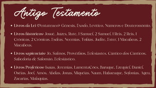 Antigo Testamento
Livros da Lei (Pentateuco): Gênesis, Êxodo, Levítico, Números e Deuteronômio.
Livros sapienciais: Jó, Salmos, Provérbios, Eclesiastes, Cântico dos Cânticos,
Sabedoria de Salomão, Eclesiástico.
Livros históricos: Josué, Juízes, Rute, 1 Samuel, 2 Samuel, 1 Reis, 2 Reis, 1
Crônicas, 2 Crônicas, Esdras, Neemias, Tobias, Judite, Ester, 1 Macabeus, 2
Macabeus.
Livros Proféticos: Isaías, Jeremias, Lamentações, Baruque, Ezequiel, Daniel,
Oséias, Joel, Amós, Abdias, Jonas, Miquéias, Naum, Habacuque, Sofonias, Ageu,
Zacarias, Malaquias.
 