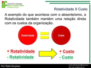 A exemplo do que acontece com o absenteísmo, a
    Rotatividade também mantém uma relação direta
    com os custos da organização.


                         Rotatividade   Custo




      + Rotatividade                    + Custo
      - Rotatividade                    - Custo
                                                      E-mail: rafael.goncalves@ifnmg.edu.br
                                           E-mail: rafael.goncalves@ifnmg.edu.br
Prof. Rafael Gonçalves                                MSN: rafax_adm@hotmail.com
                                           MSN: rafax_adm@hotmail.com
 